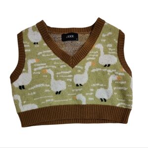 🌸 Cider Women's Cropped' Knit Vest with Green and Brown Duck Pattern